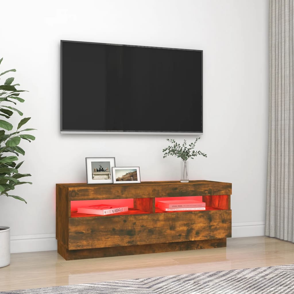 vidaXL Meuble TV avec lumières LED chêne fumé 100x35x40 cm