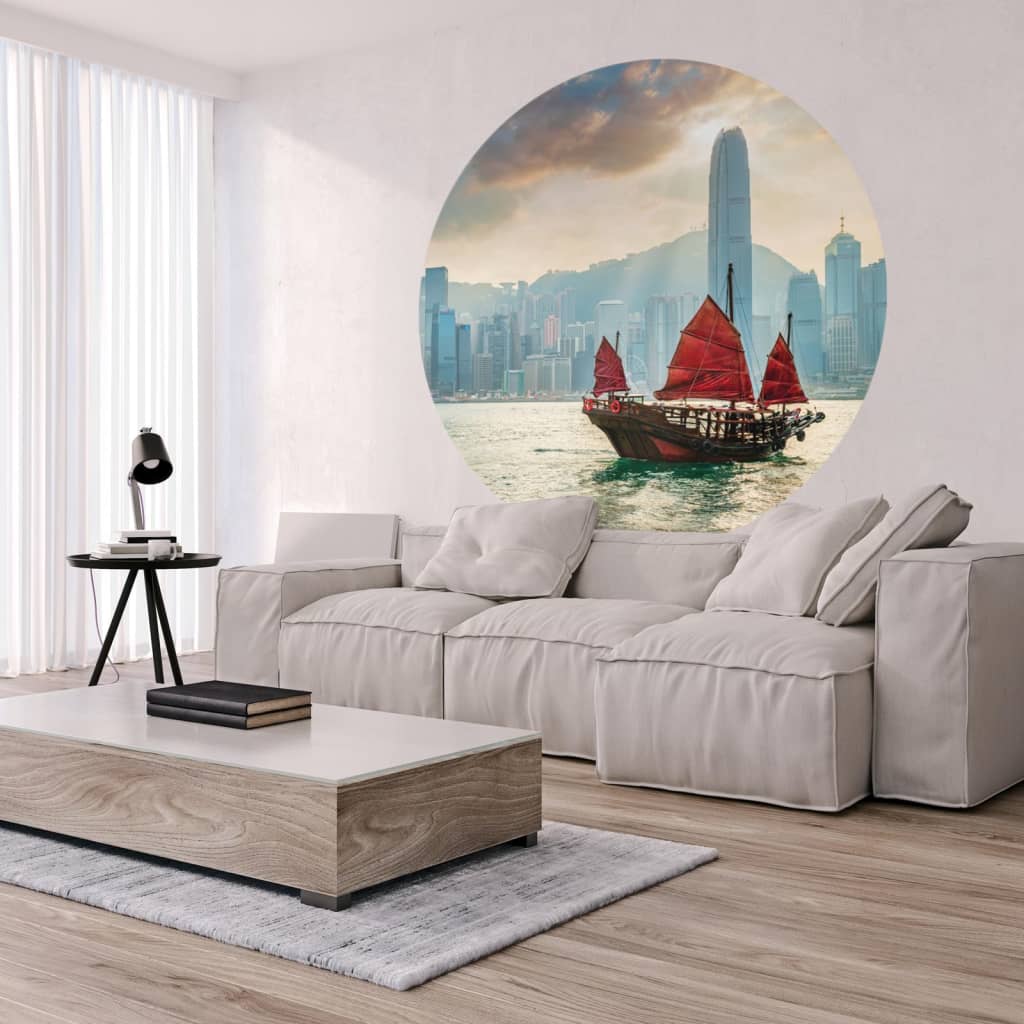 WallArt Papier peint cercle Skyline with Junk Boat 190 cm