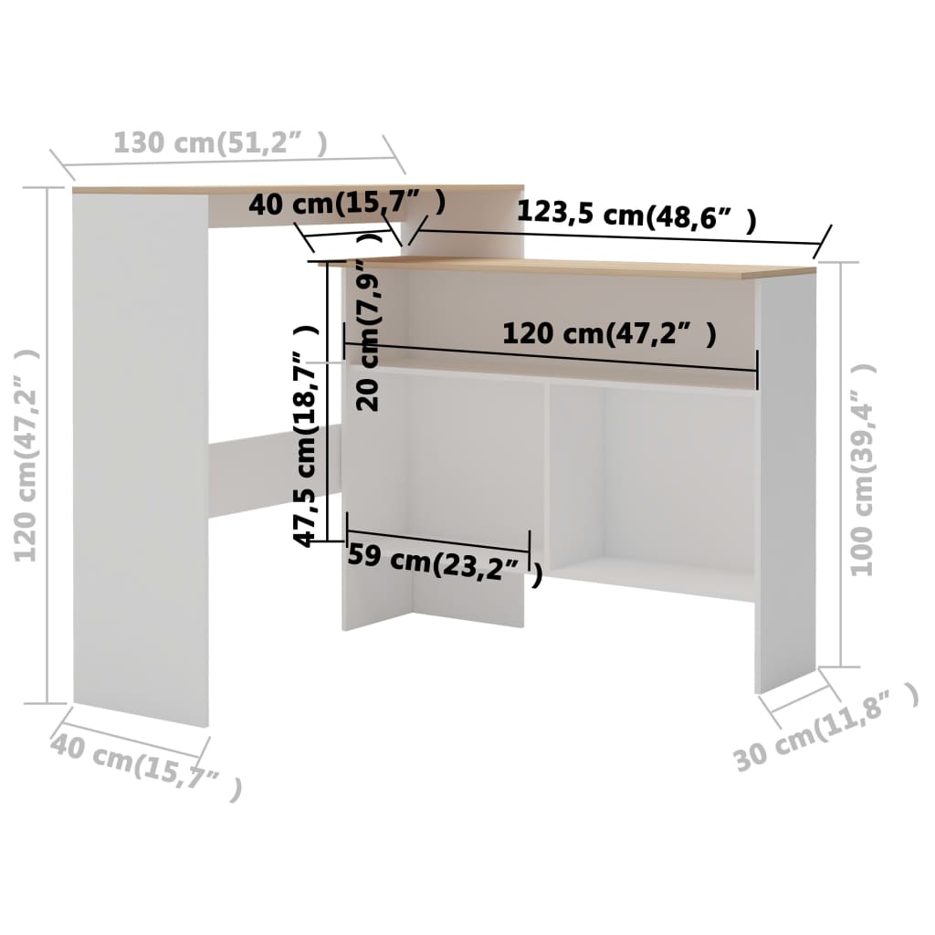 vidaXL Table de bar avec 2 dessus de table Blanc et chêne 130x40x120cm