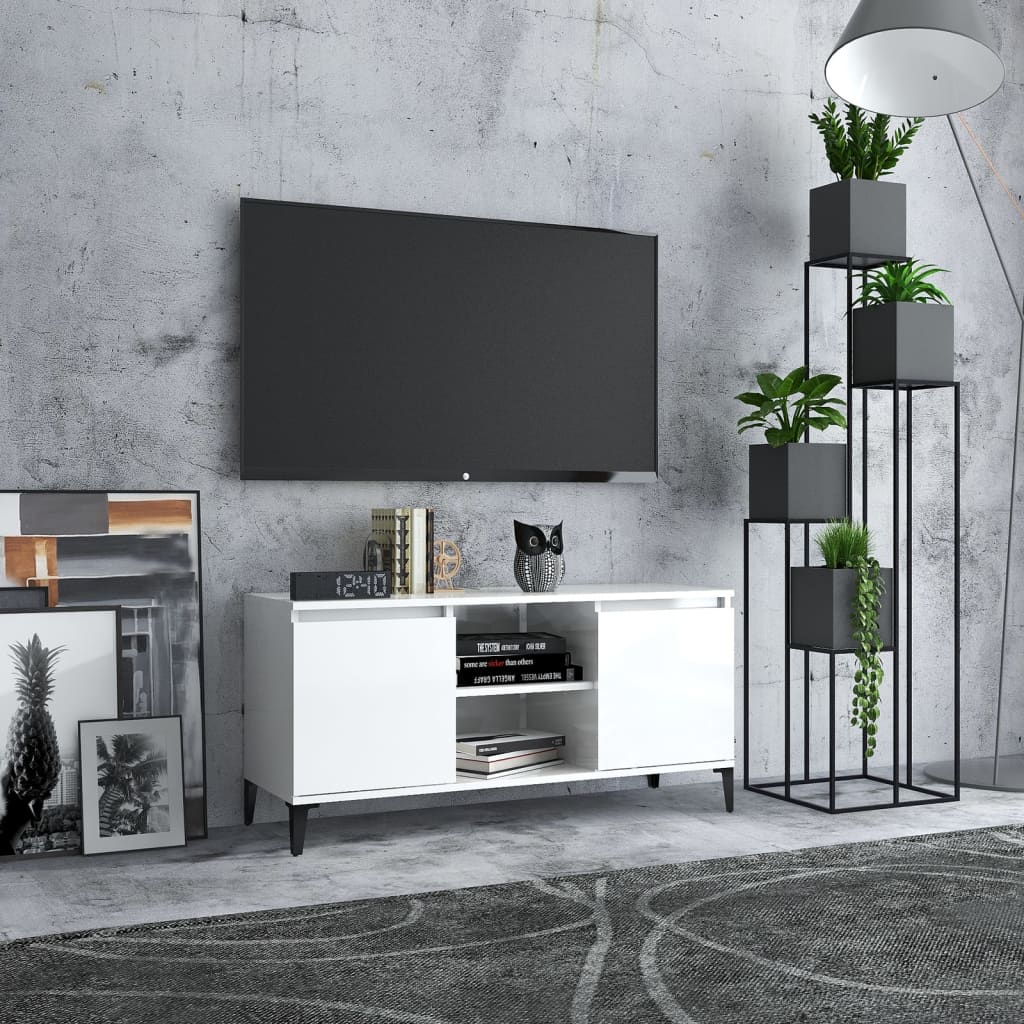 vidaXL Meuble TV avec pieds en métal Blanc brillant 103,5x35x50 cm