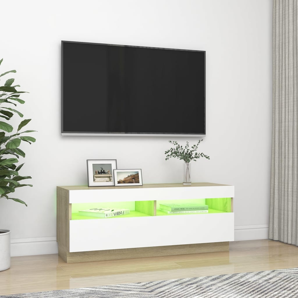 vidaXL Meuble TV avec lumières LED blanc et chêne sonoma 100x35x40 cm