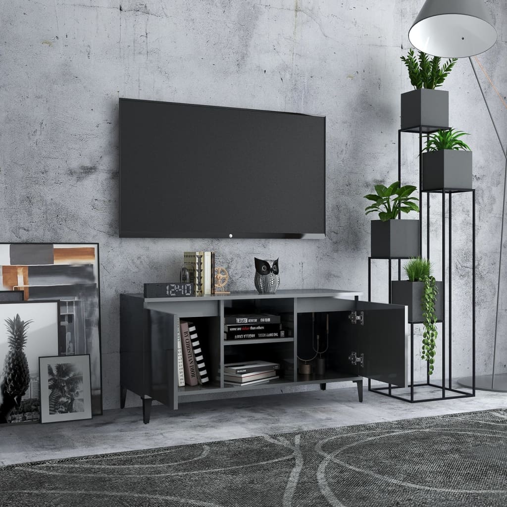 vidaXL Meuble TV avec pieds en métal Gris brillant 103,5x35x50 cm