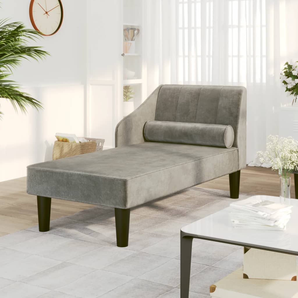 vidaXL Chaise longue avec traversin gris clair velours