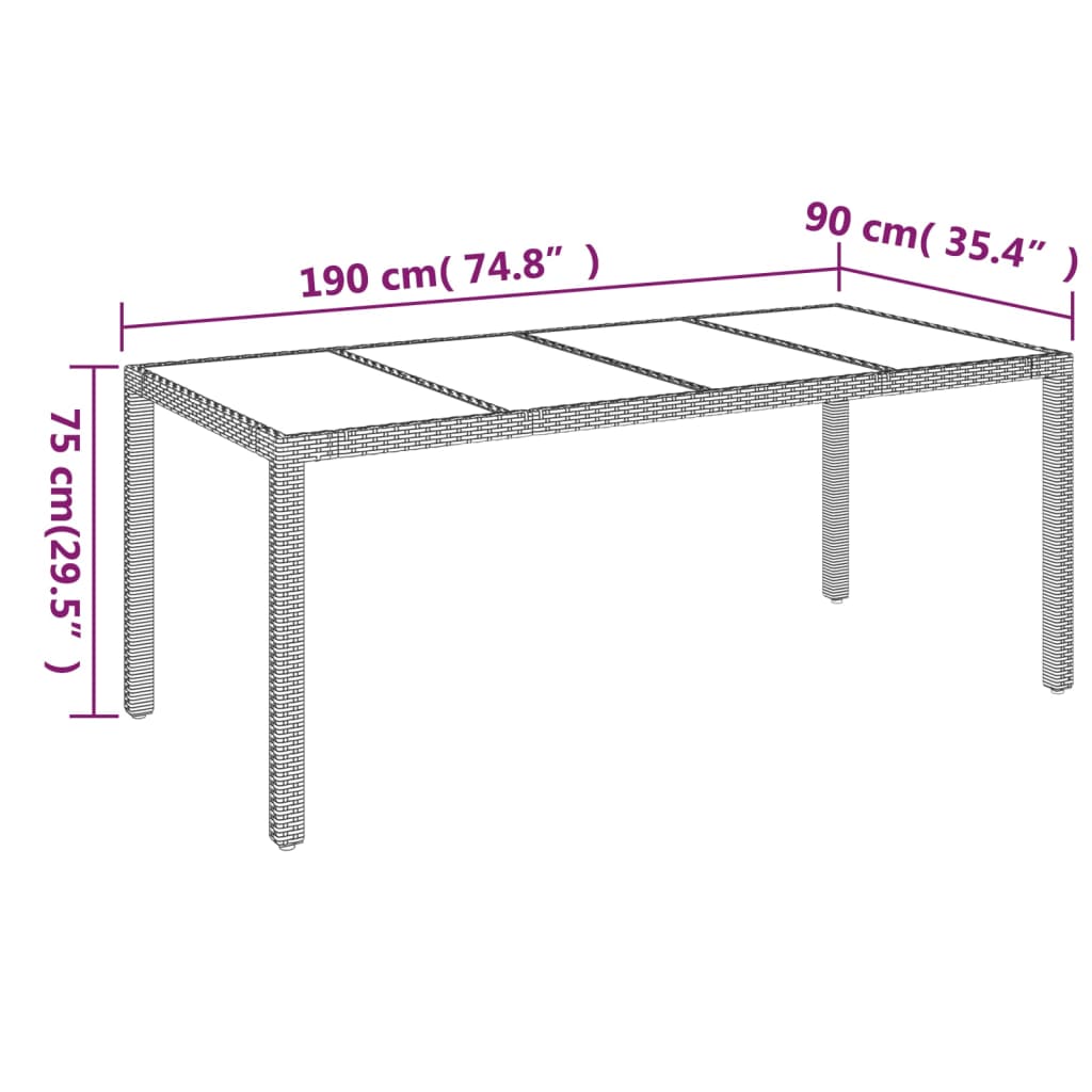 vidaXL Table de jardin dessus en verre Gris 190x90x75cm Résine tressée