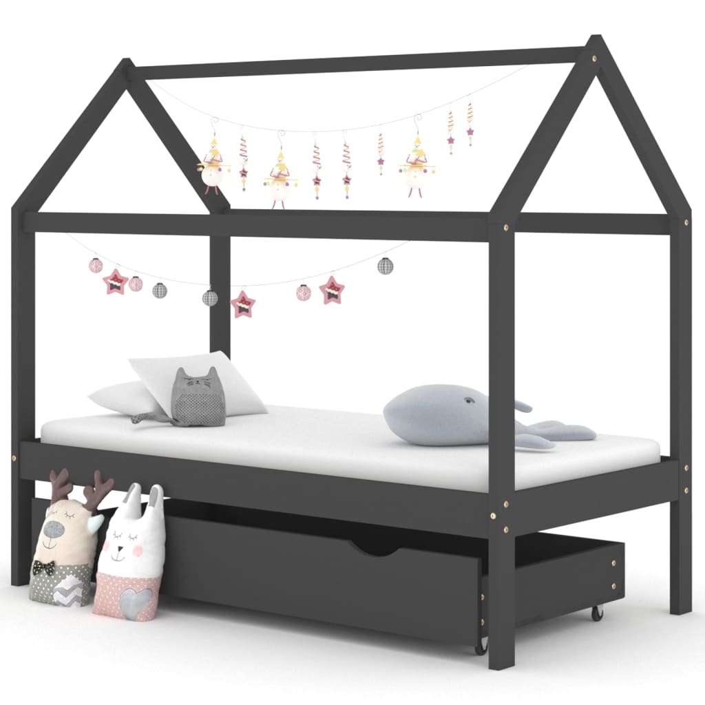 vidaXL Cadre de lit d'enfant avec un tiroir Gris foncé Pin 80x160 cm