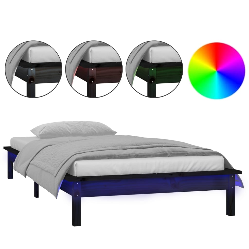 vidaXL Cadre de lit à LED noir 90x200 cm bois massif