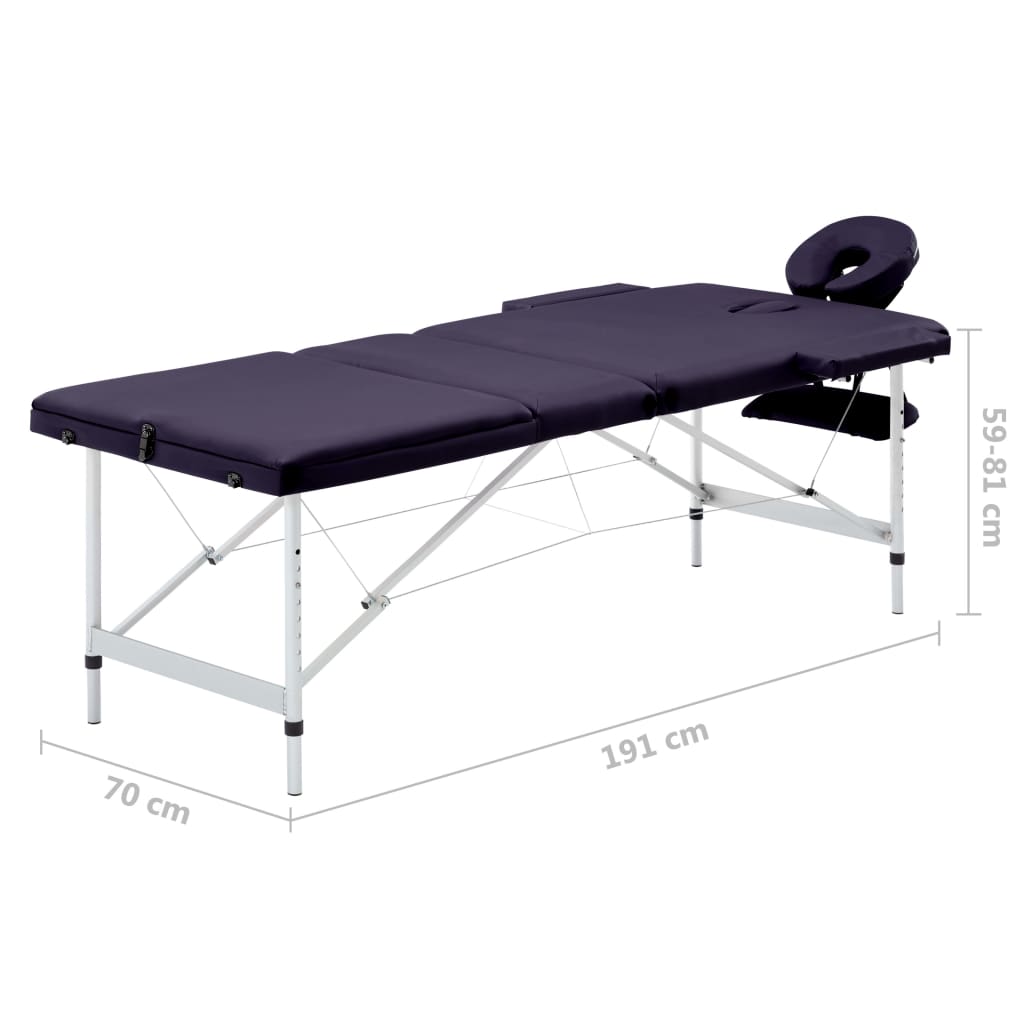 vidaXL Table de massage pliable 3 zones Aluminium Violet
