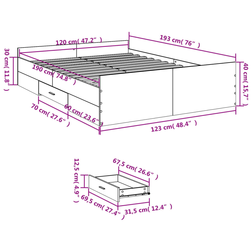 vidaXL Cadre de lit et tiroirs sonoma gris 120x190 cm bois ingénierie