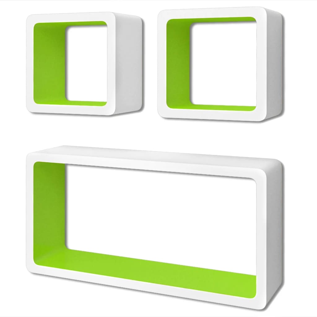 3 Étagères cubes murales et en MDF Blanc-Vert pour DVD/Livres