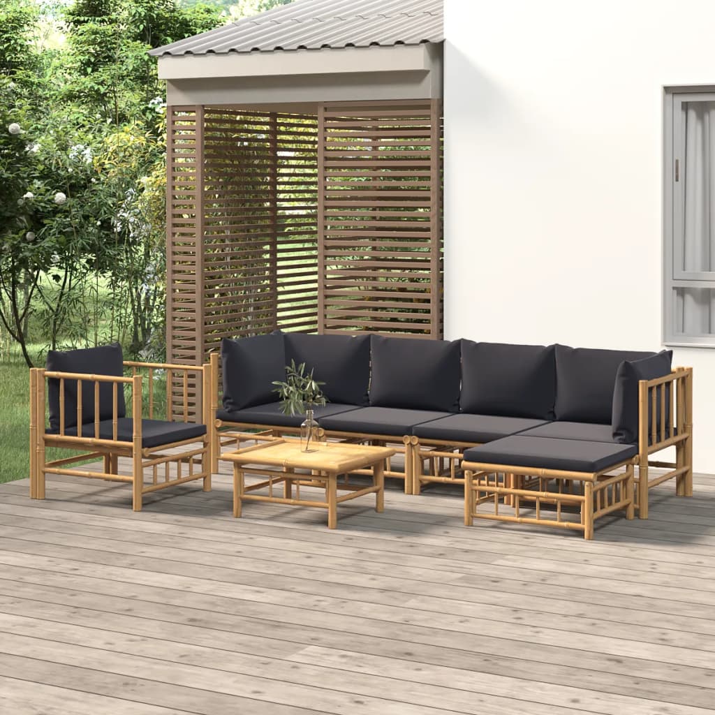 vidaXL Salon de jardin 7 pcs avec coussins gris foncé bambou