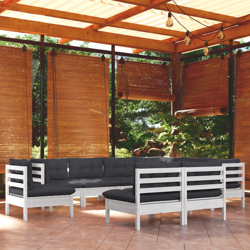 vidaXL Salon de jardin 9 pcs avec coussins blanc bois de pin solide