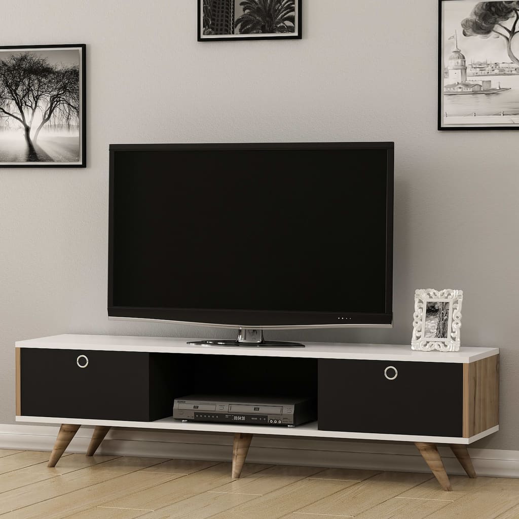 Homemania Meuble TV Zeyn 150x35x41 cm Noyer, Noir et blanc