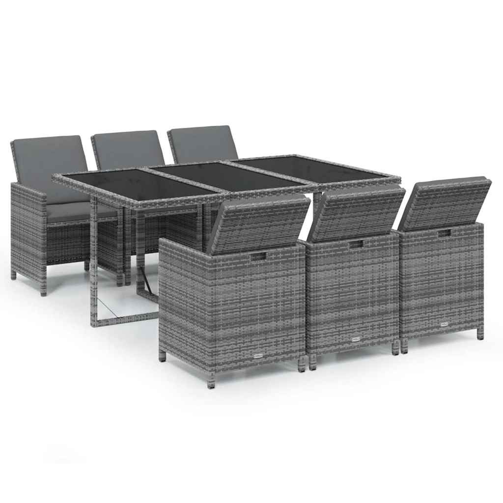 Ensemble De Jardin 7 Pièces VidaXL - Table Et 6 Chaises En Résine Tressée Gris, Verre Trempé