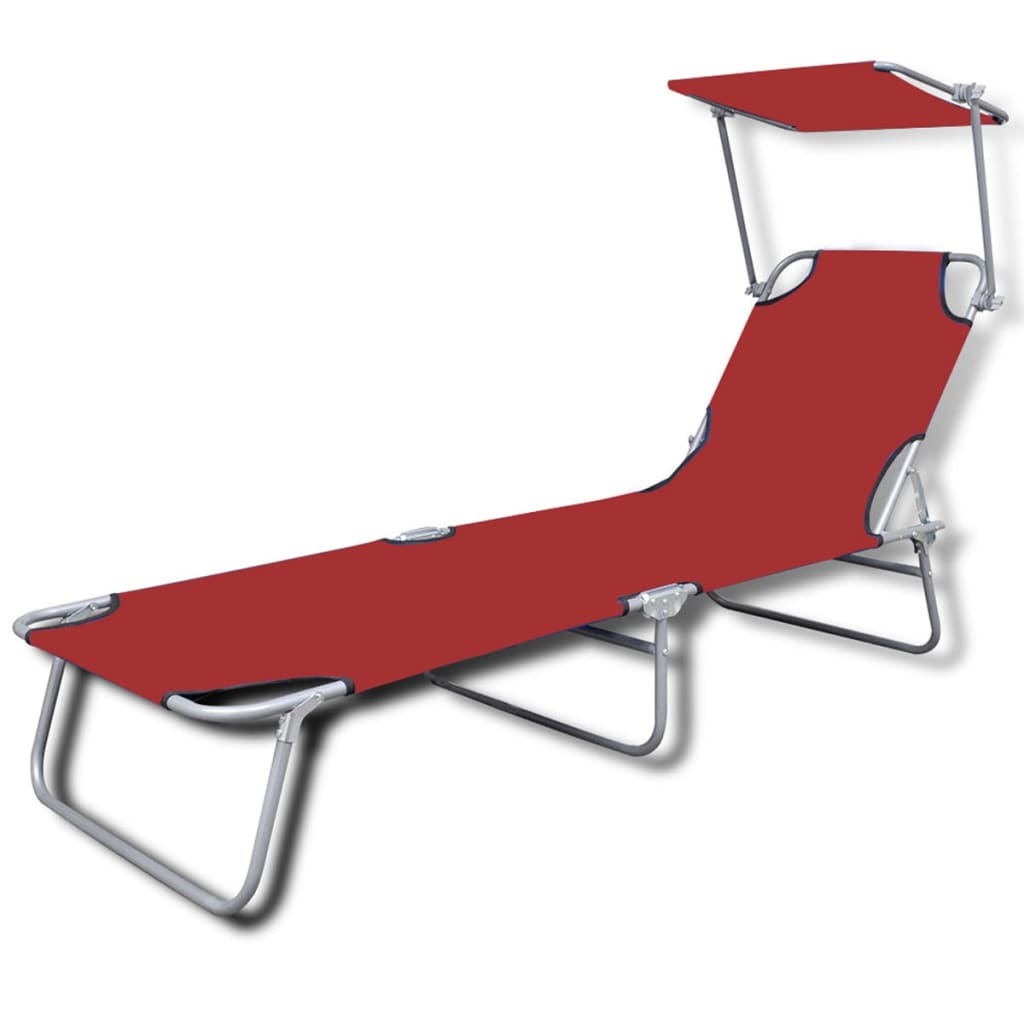 vidaXL Chaise longue pliable avec auvent acier et tissu rouge