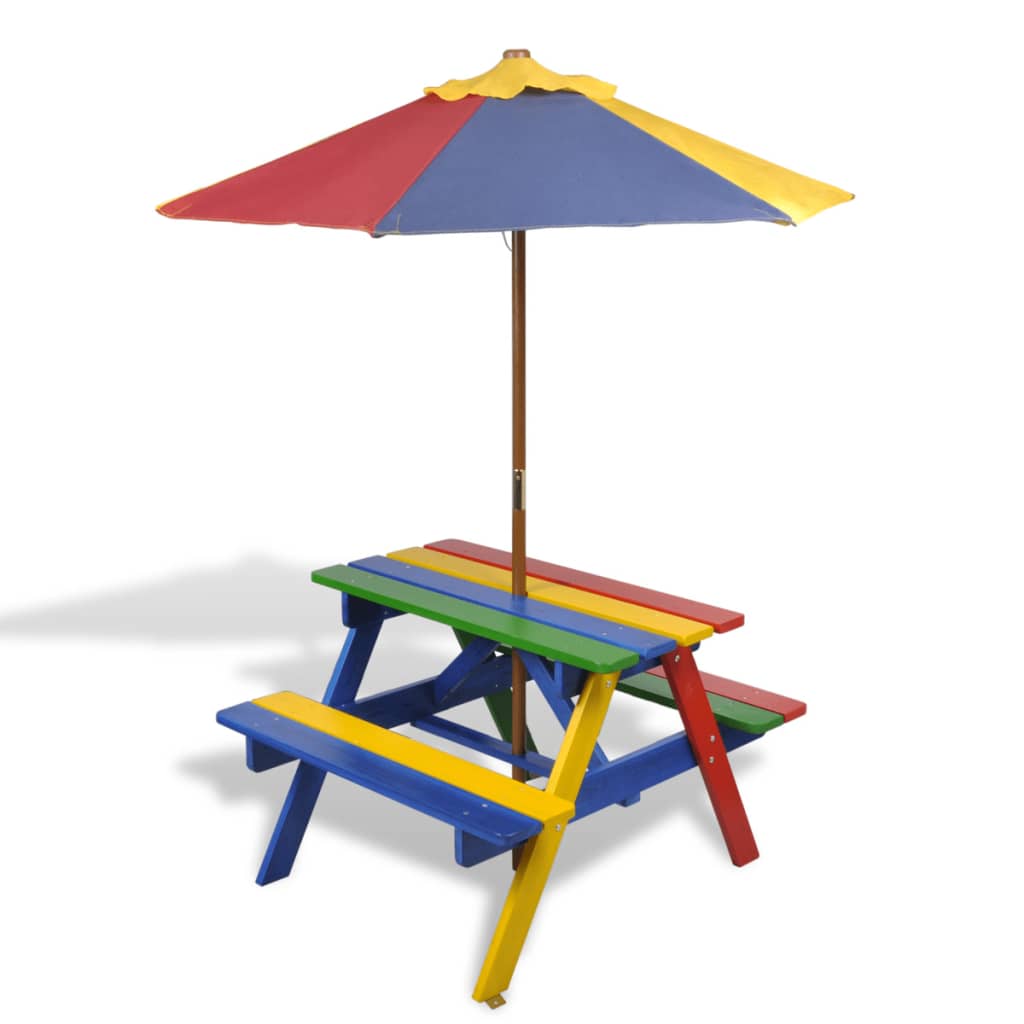 vidaXL Table et bancs de pique-nique avec parasol pour enfants Bois