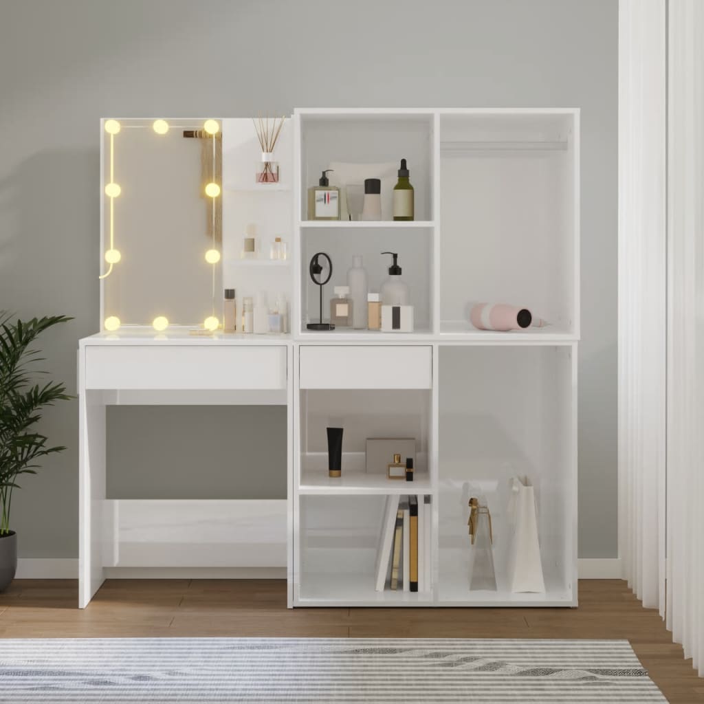 vidaXL Coiffeuse à LED et 2 armoires Blanc brillant Bois d'ingénierie