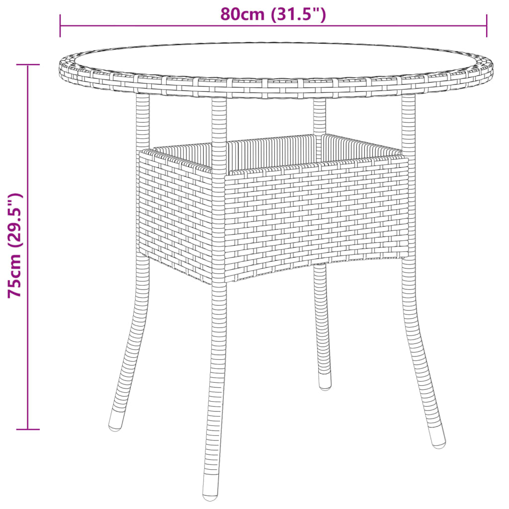 vidaXL Table de jardin Ø80x75 cm Verre trempé/résine tressée Beige