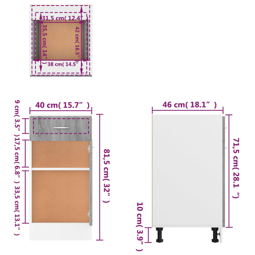 vidaXL Armoire de plancher à tiroir Sonoma gris 40x46x81,5 cm