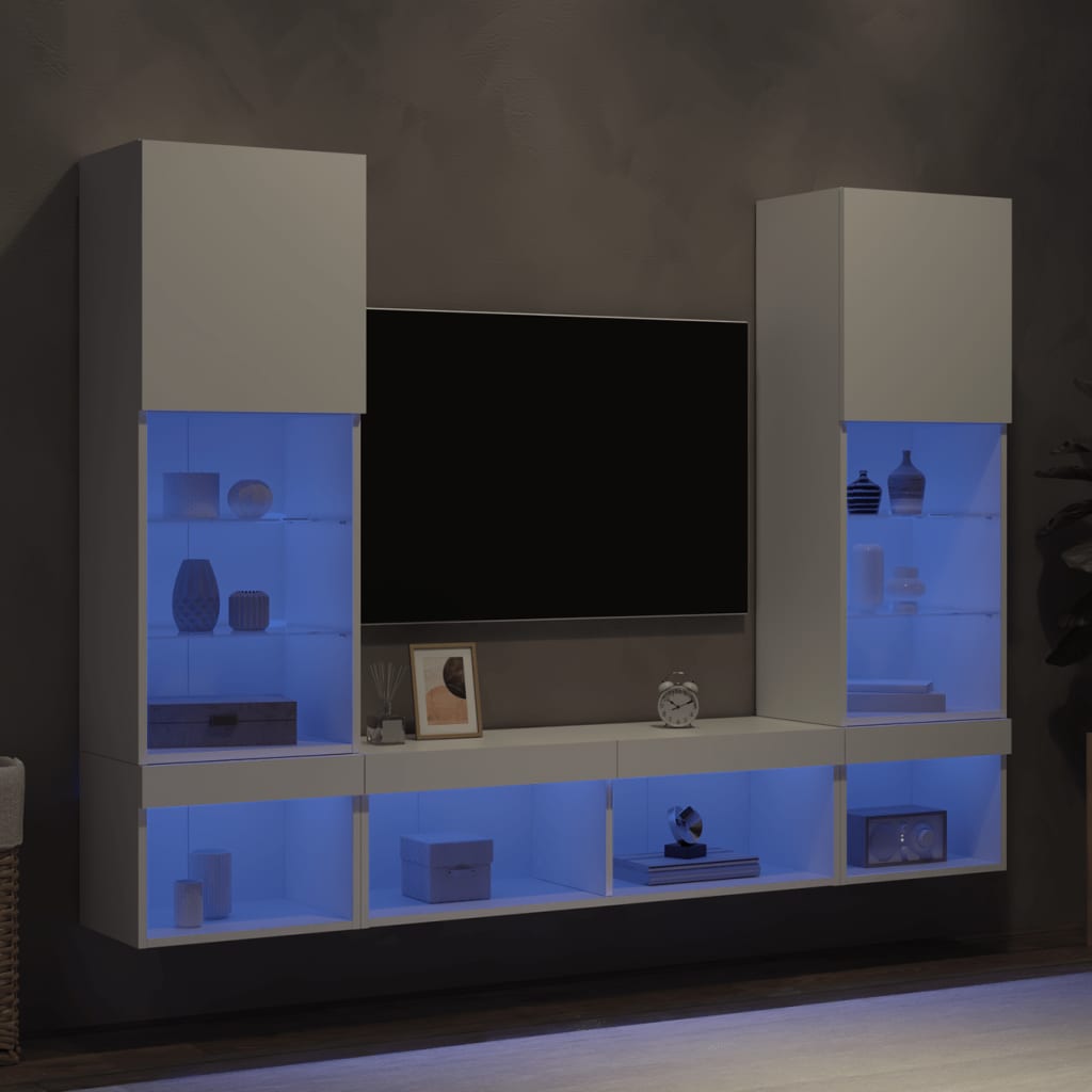 vidaXL Unités murales TV avec LED 5 pcs blanc bois d'ingénierie