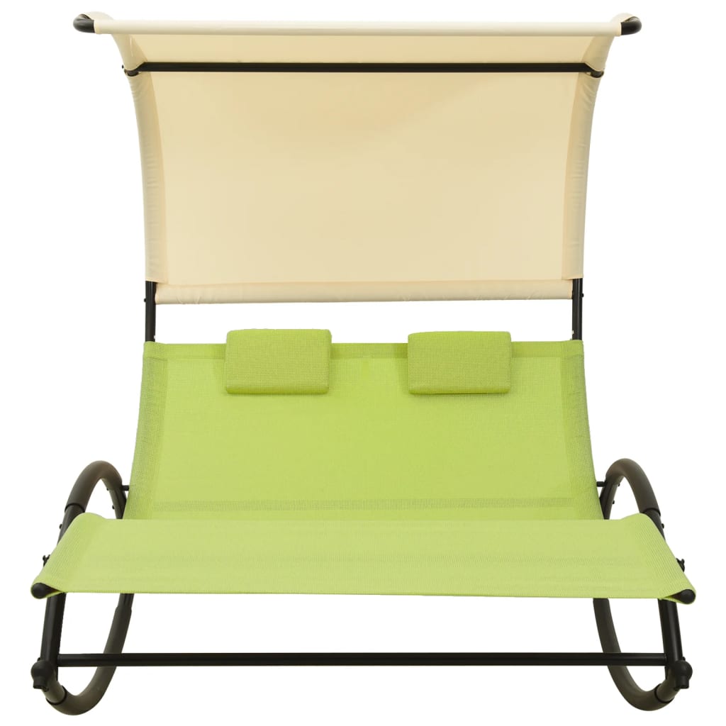 vidaXL Chaise longue double avec auvent textilène vert et crème