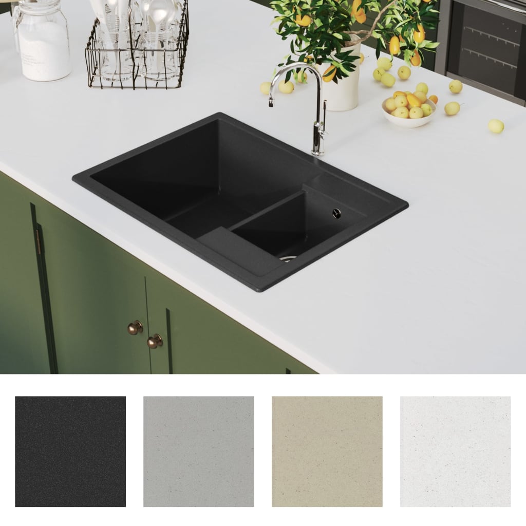 vidaXL Évier de cuisine et deux lavabos trou de trop-plein Noir Granit