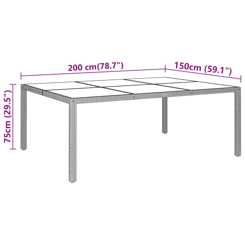 vidaXL Table de jardin 200x150x75 cm Verre trempé/résine tressée Noir