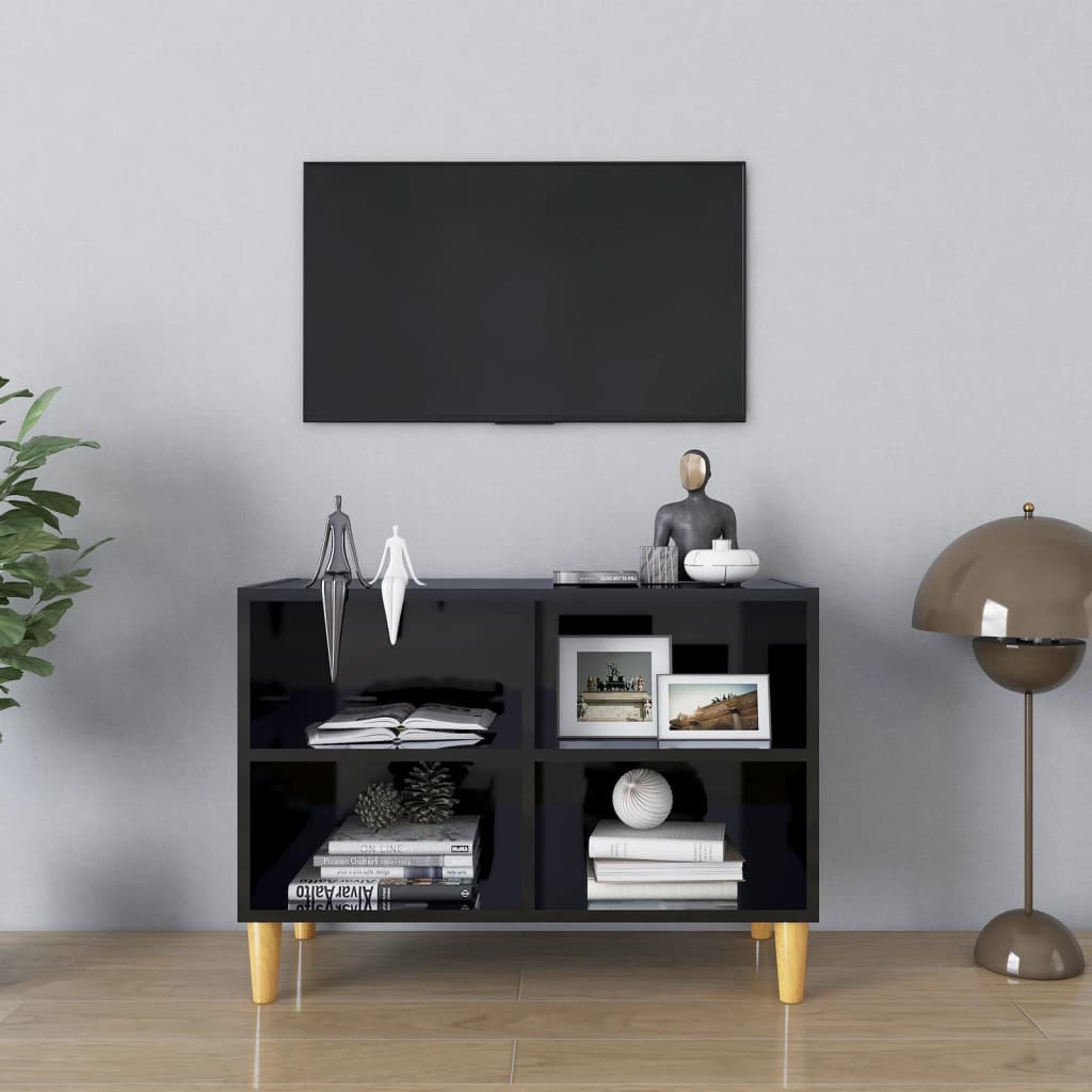 vidaXL Meuble TV avec pieds en bois massif Noir brillant 69,5x30x50 cm