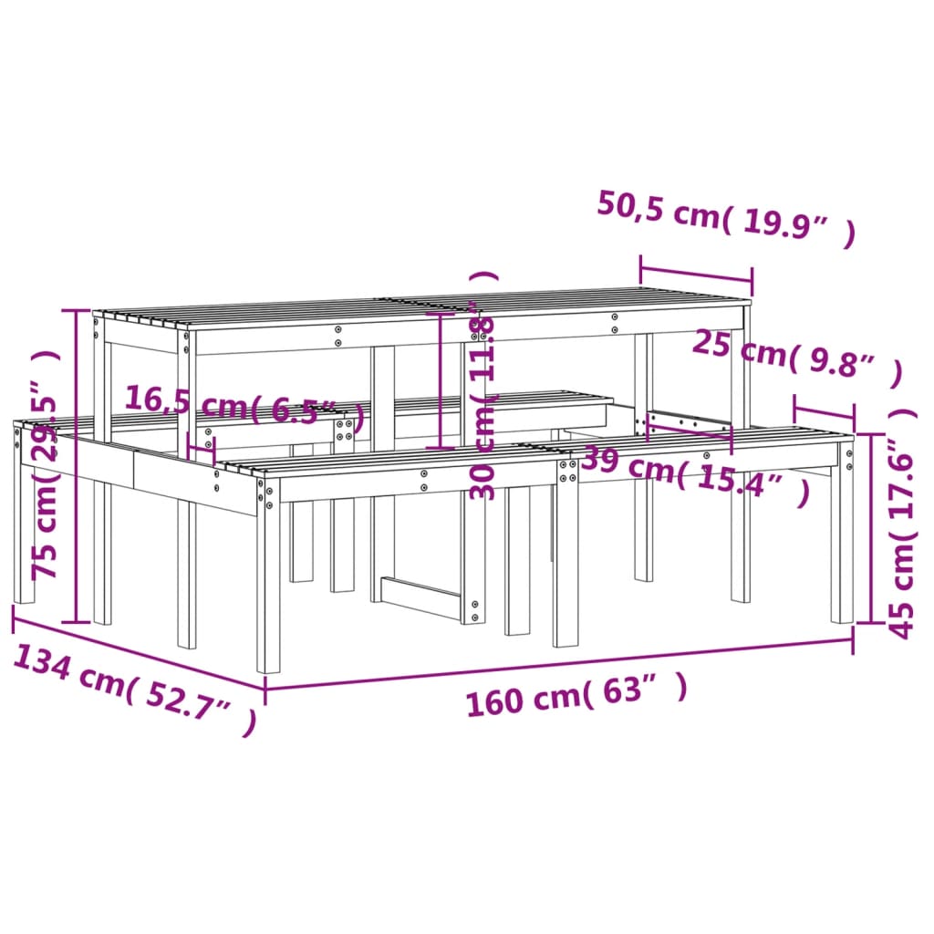 vidaXL Table de pique-nique 160x134x75 cm bois massif de pin