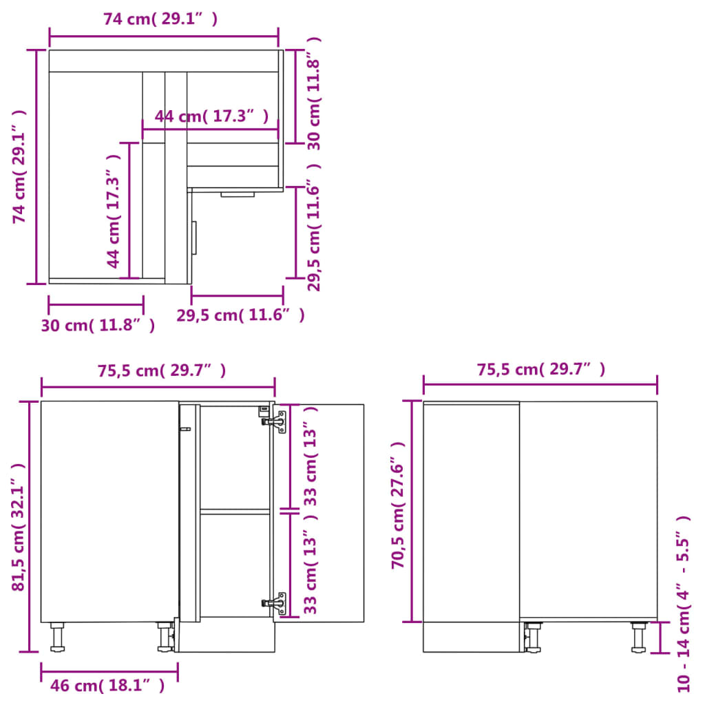 vidaXL Armoire de plancher d'angle gris béton 75,5x75,5x81,5 cm bois