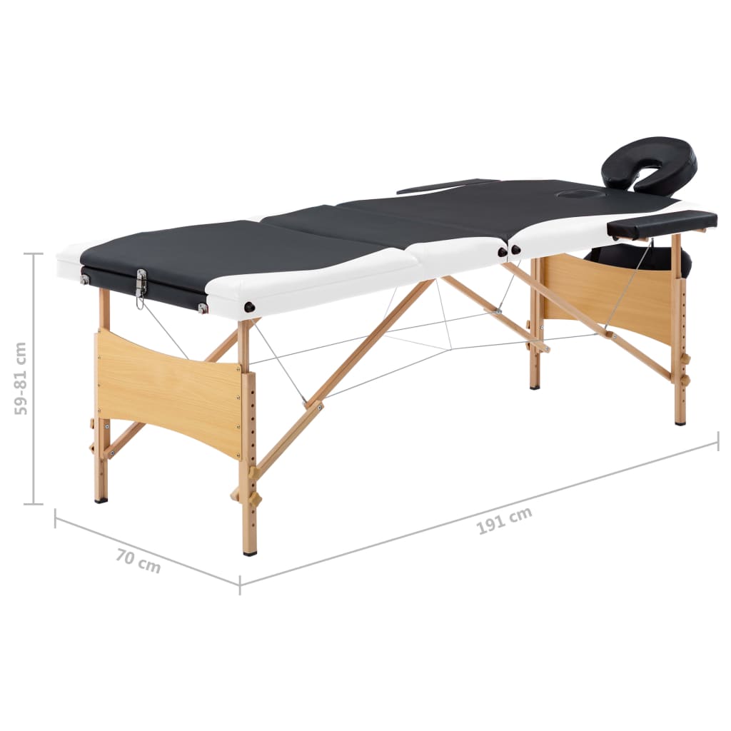 vidaXL Table de massage pliable 3 zones Bois Noir et blanc