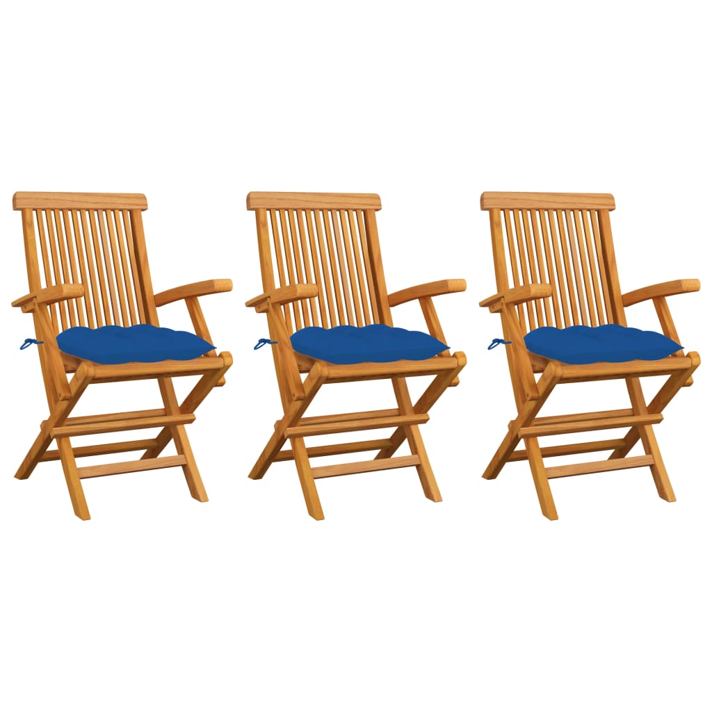 vidaXL Chaises de jardin avec coussins bleu 3 pcs Bois de teck massif