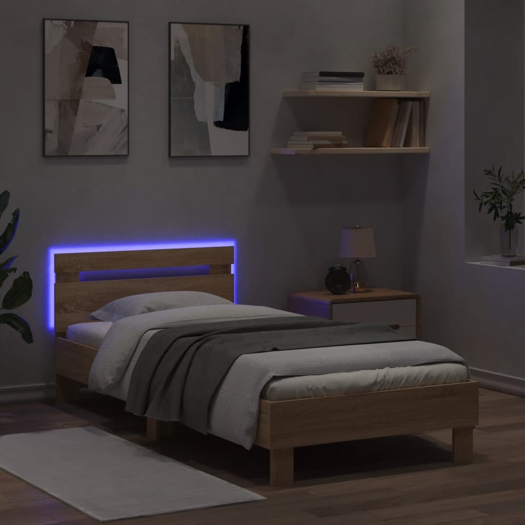 vidaXL Cadre de lit tête de lit et lumières LED chêne sonoma 75x190 cm