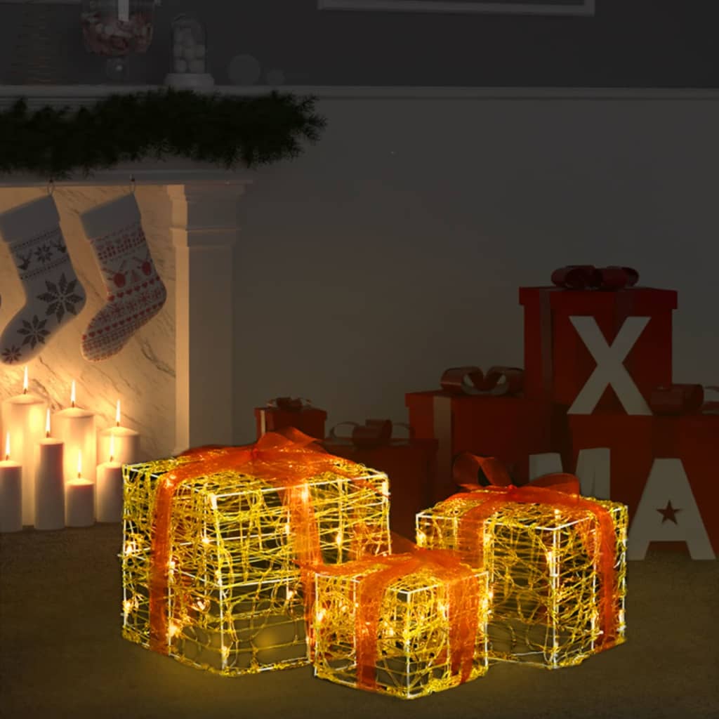 vidaXL Boîtes-cadeaux de Noël décoratives 3 pcs Acrylique Blanc chaud