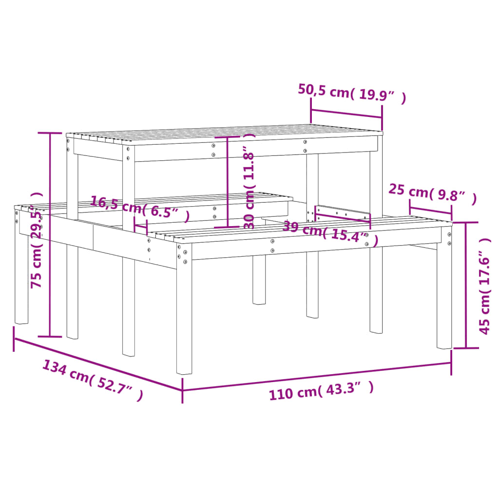 vidaXL Table de pique-nique 110x134x75 cm bois massif de pin