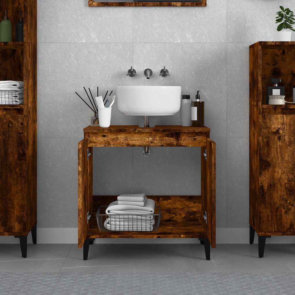 Meuble Sous Lavabo Chêne Artisanal 58x33x60 Cm - Armoire Salle De Bain Bois Ingénierie, Pieds Métal, Rangement Pratique Et Élégant
