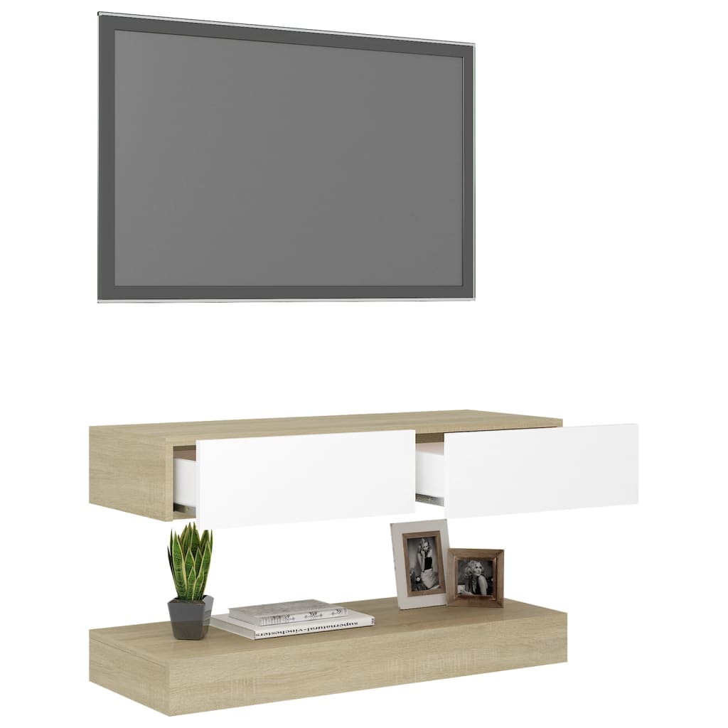 vidaXL Meuble TV avec lumières LED blanc et chêne sonoma 90x35 cm