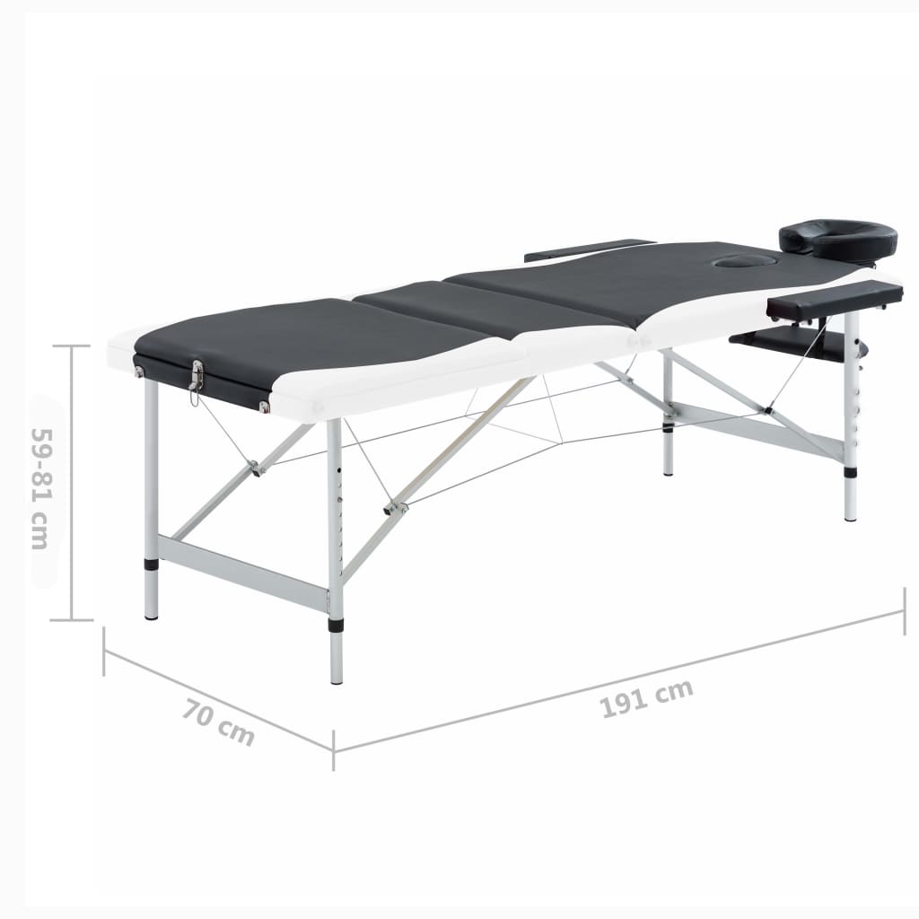 vidaXL Table de massage pliable 3 zones Aluminium Noir et blanc