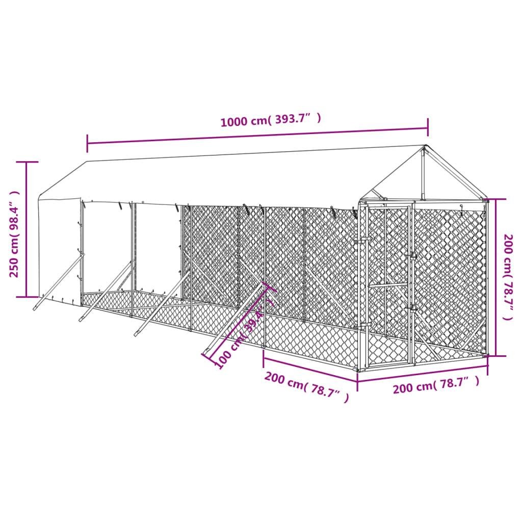 vidaXL Chenil d'extérieur pour chiens avec toit argenté 2x10x2,5 m