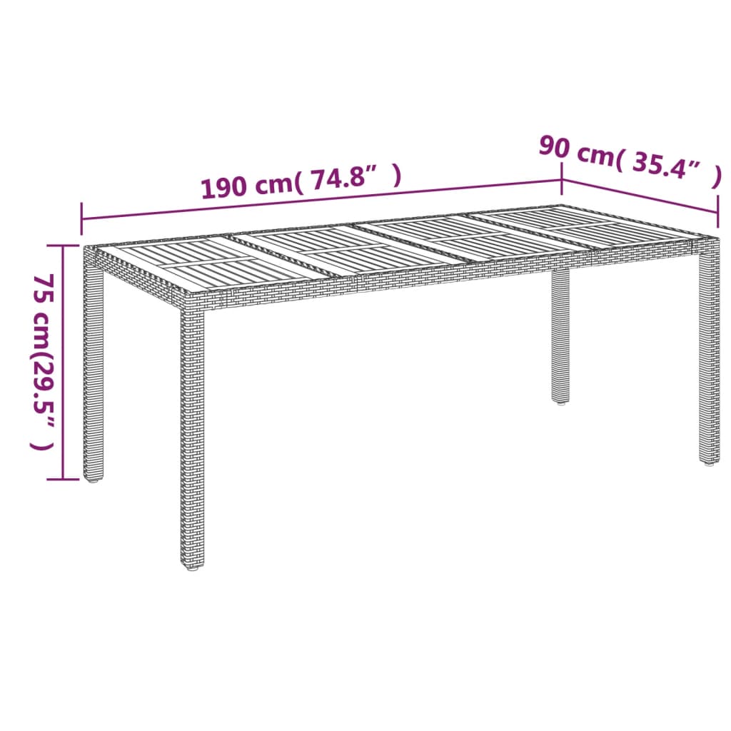 vidaXL Table de jardin dessus en bois Noir 190x90x75 cm Résine tressée