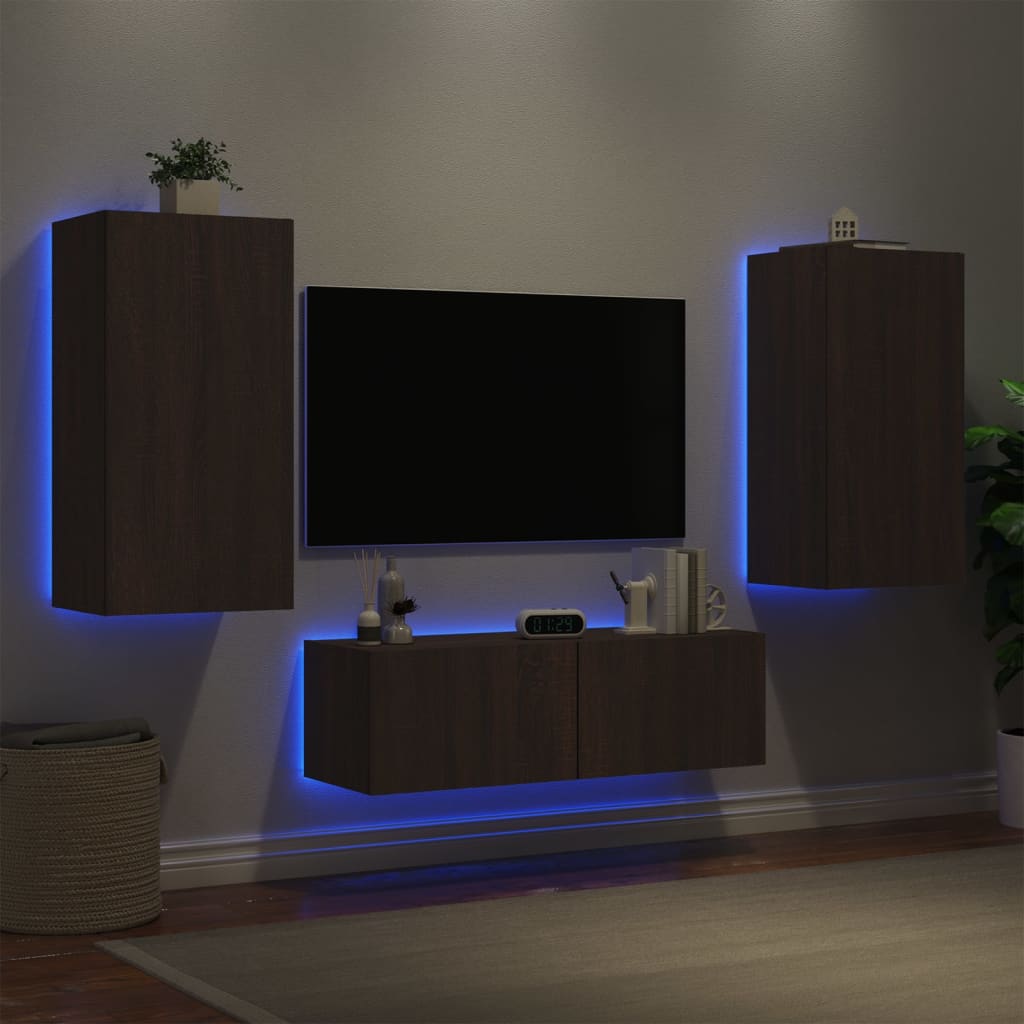 vidaXL Meuble TV muraux 3 pcs avec lumières LED chêne marron