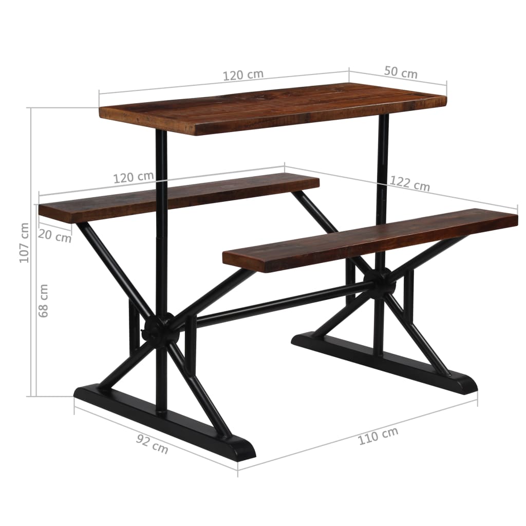 vidaXL Table de bar avec bancs Bois massif récupération 120x50x107 cm