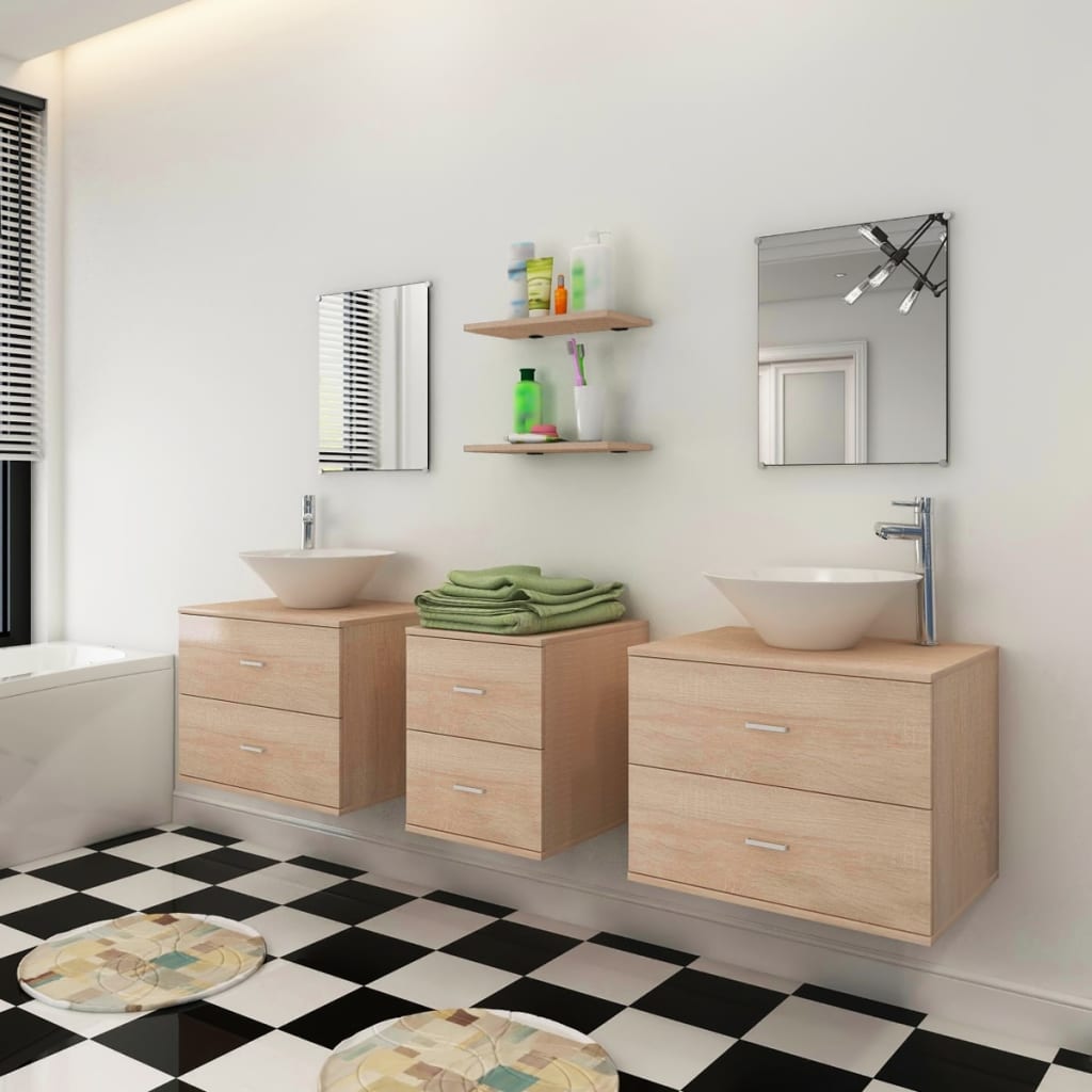 vidaXL Meuble de salle de bain 9 pcs avec lavabo et robinet Beige
