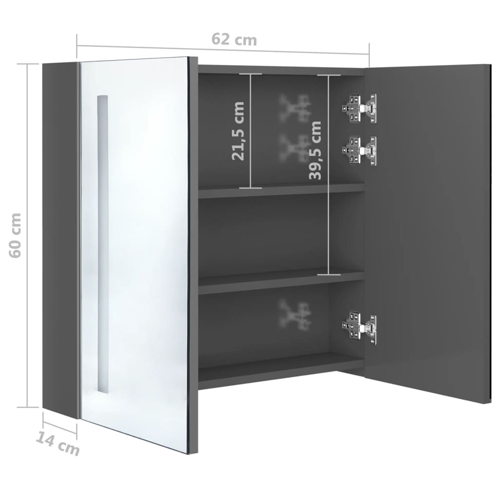 vidaXL Armoire de salle de bain à miroir LED Gris brillant 62x14x60 cm