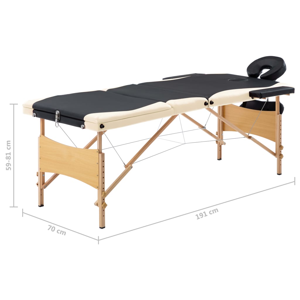 vidaXL Table de massage pliable 3 zones Bois Noir et beige