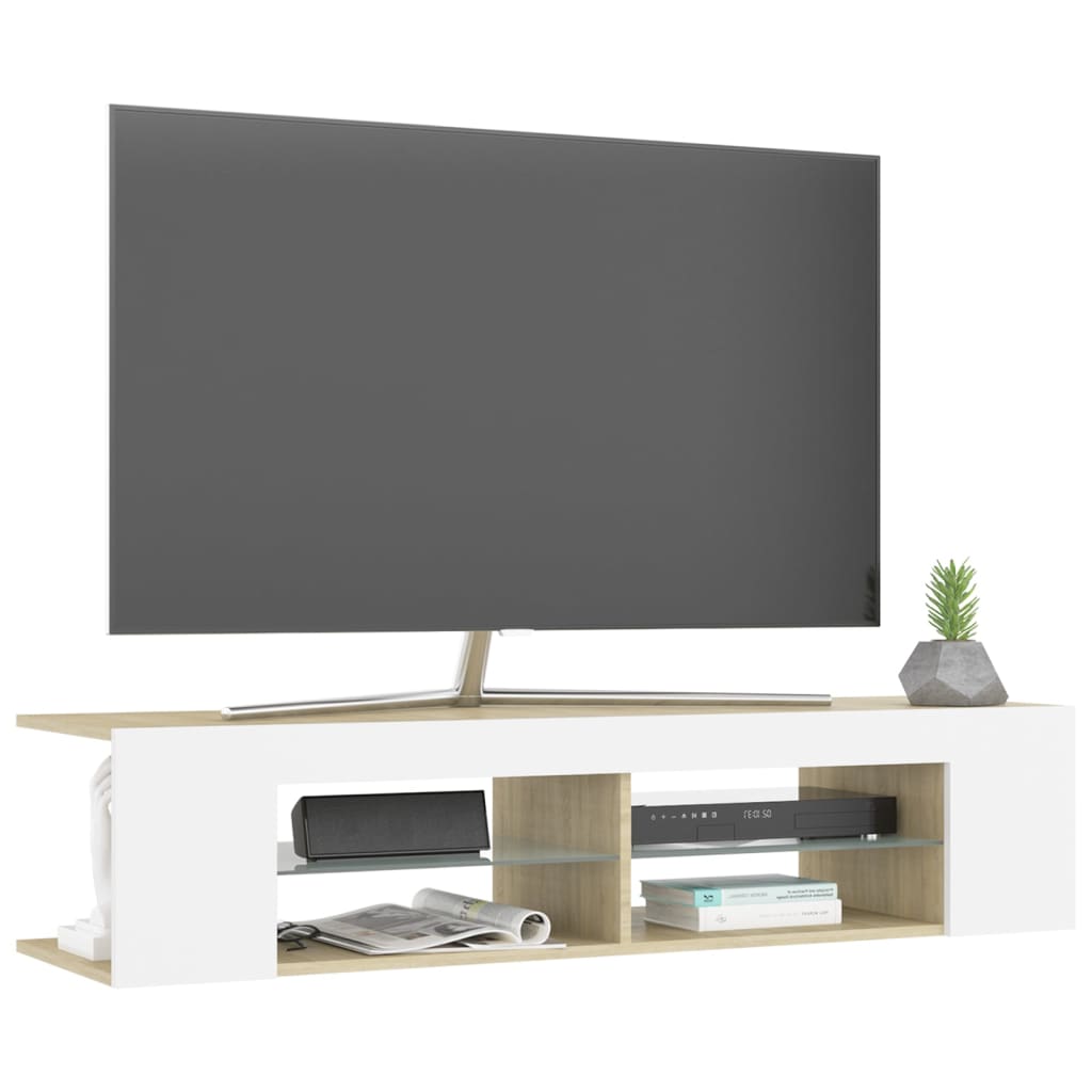 vidaXL Meuble TV avec lumières LED blanc et chêne sonoma 135x39x30 cm