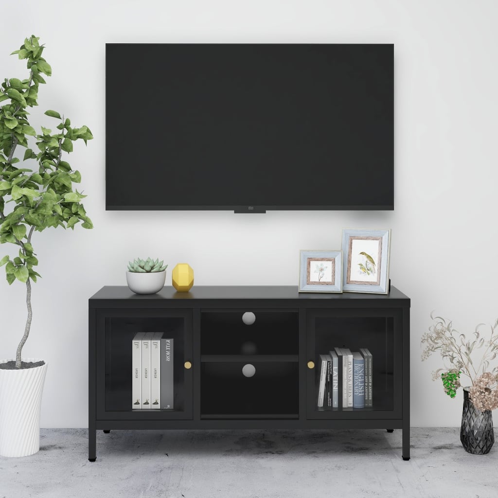 vidaXL Meuble TV Noir 105x35x52 cm Acier et verre