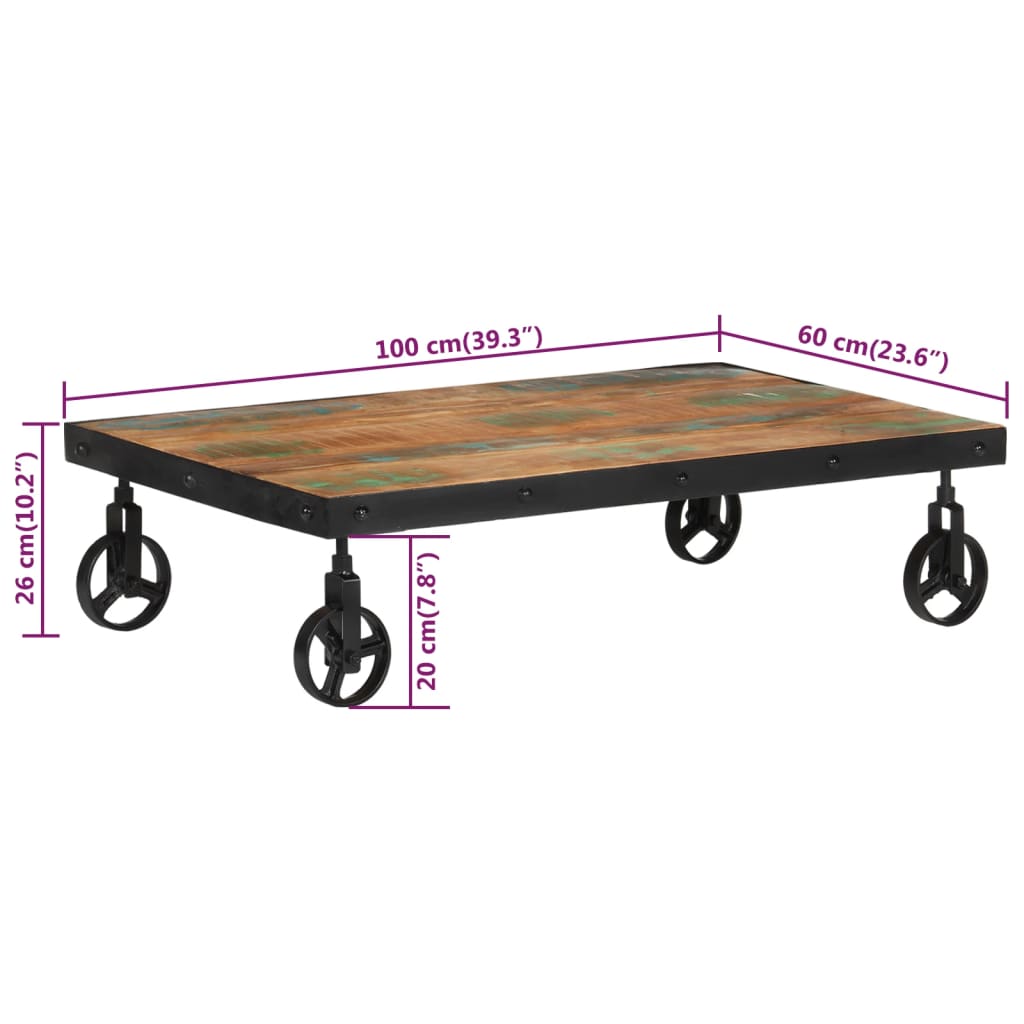vidaXL Table basse avec roulettes 100x60x26 cm Bois de récupération