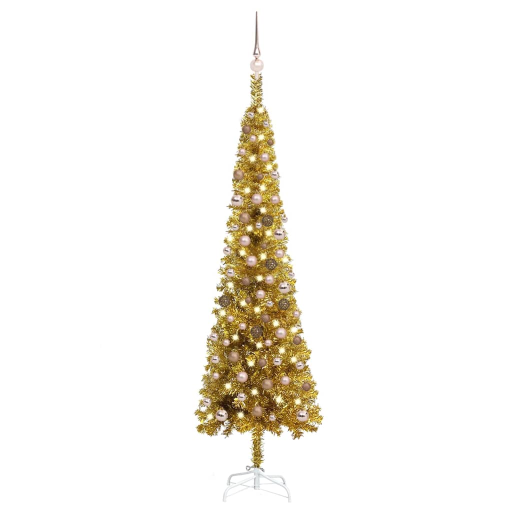 vidaXL Arbre de Noël mince pré-éclairé et boules doré 210 cm