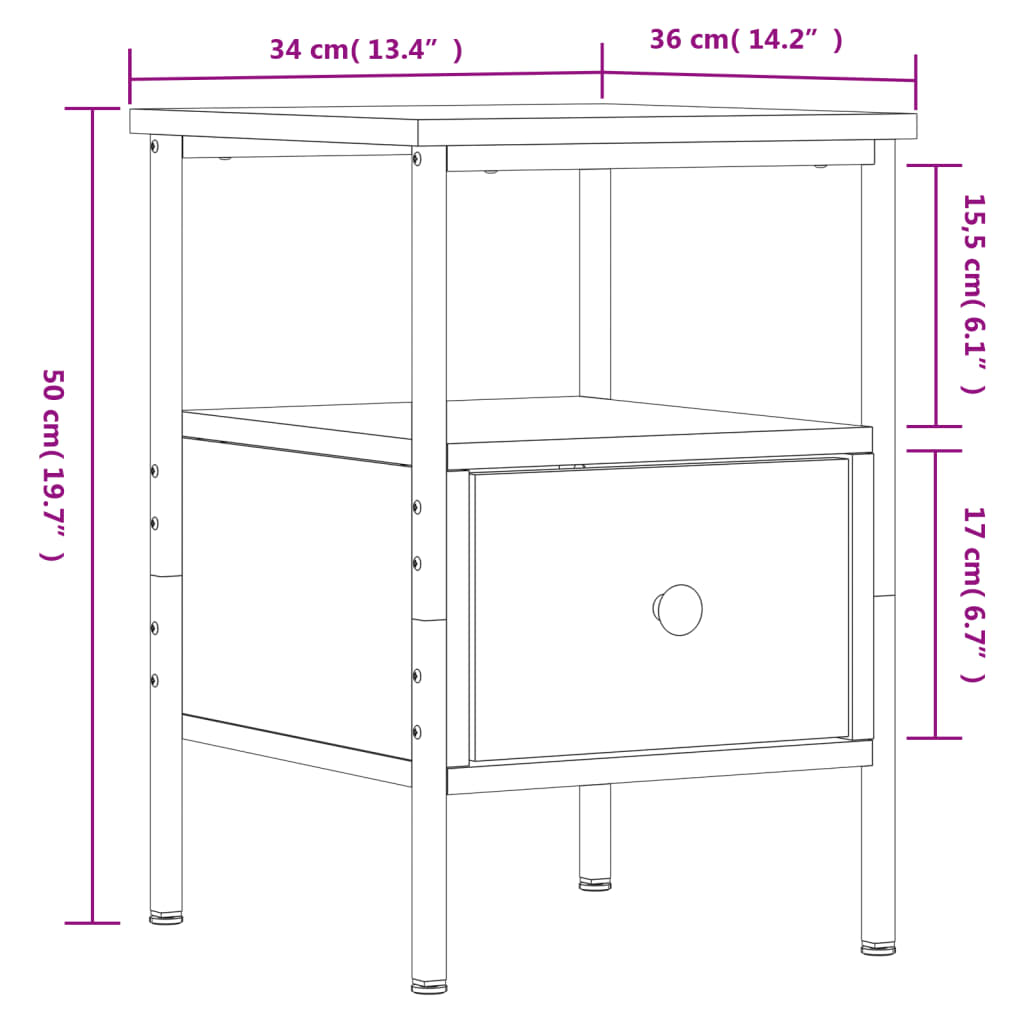vidaXL Table de chevet chêne marron 34x36x50 cm bois d'ingénierie