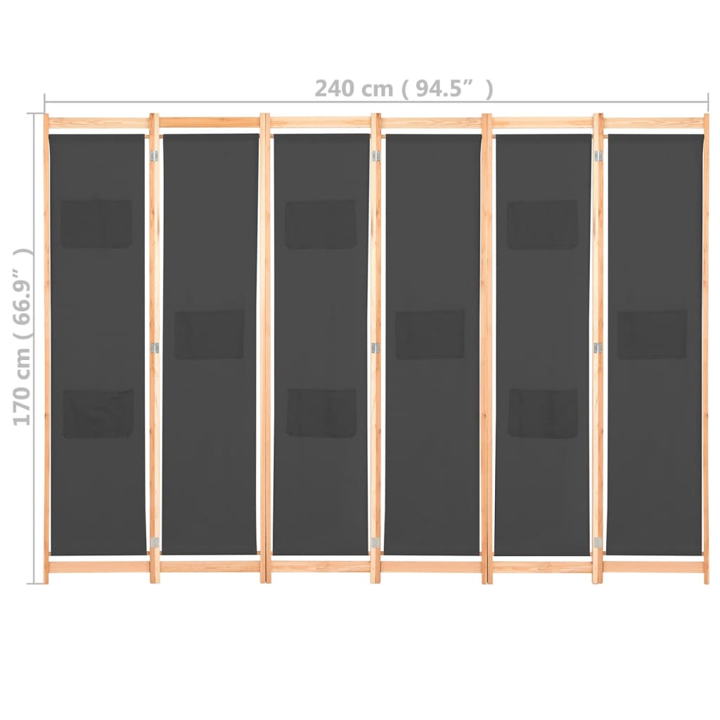 vidaXL Cloison de séparation 6 panneaux Gris 240 x 170 x 4 cm Tissu